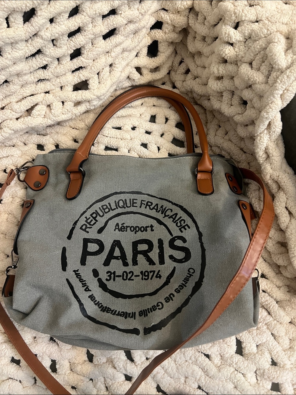 Paris Stamp Canvas Tote with Brown Faux Leather Trim